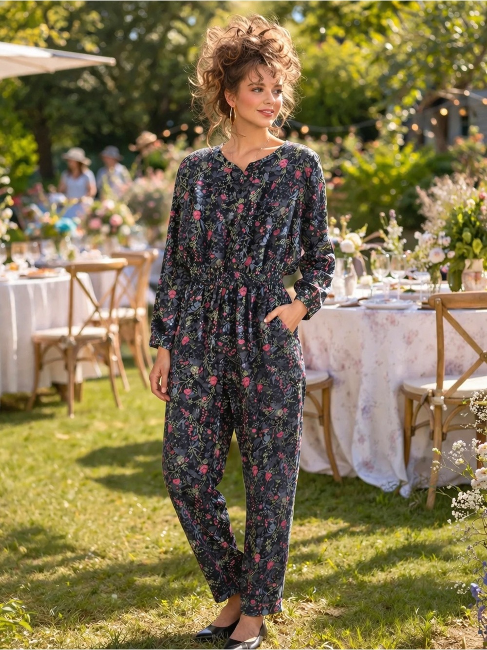 80s Taurus II Floral Long-Sleeve Shirred Waist Jumpsuit, Black Pink Green US 10